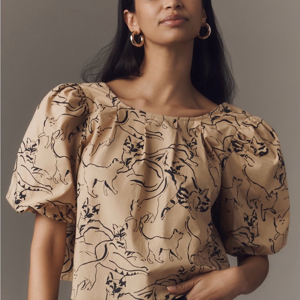 Anthropologie Tan Artistic Print Blouse